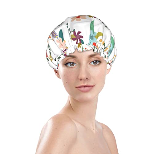 דפוס פרחוני מכסה מקלחת מודפס, שכבות כפולות כובע אמבטיה לנשים כובעי מקלחת אמבטיה אטומים למים כובע שיער רחצה לשימוש חוזר