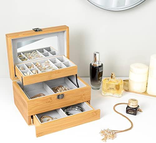 יואאיו קופסת תכשיטים במבוק טבעי עם מראה 3 שכבות מארגן תכשיטים עם קופסת אחסון תכשיטים לנעילה למתנת נשים לילדות