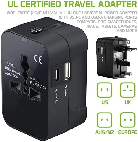 Travel USB פלוס מתאם כוח בינלאומי תואם ל- ASUS V500KL עבור כוח עולמי לשלושה מכשירים USB Typec, USB-A לנסוע בין ארהב/איחוד האירופי/AUS/NZ/UK/CN