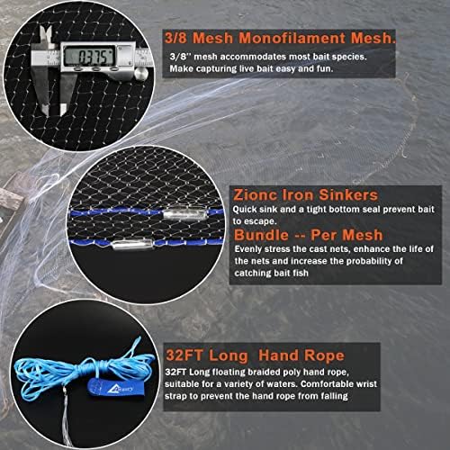 דרזרי מים מלוחים אמריקאים דיג אמריקאים נטו 3/8 אינץ 'גודל רשת למלכודת שרימפס פיתיון דגים כיורים כבדים זורקים נטו 3ft/4ft/5ft/6ft/7ft/8ft/9ft/10ft