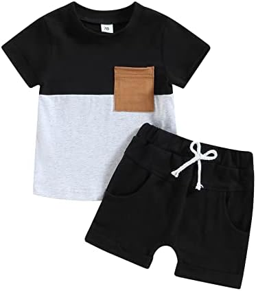 פעוט תינוק ילד קיץ בגדים קצר שרוול ניגודיות צבע כיס חולצה חולצות מוצק אלסטי מכנסיים קצרים חמוד תלבושת סט
