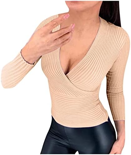 Prdecexlu סוודר חתוך נמוך לנשים סוודר שרוול ארוך סווור חורף חורף מודרני עטוף עמוק v צוואר רזה מתיחה