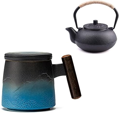 כוס תה קרמיקה עם ספלי תה ומכסה ספלי תה ידית מעץ לתעליית עלים רופפים 400 מל, 13.5 גרם, שיפוע כחול נייבי ושחור