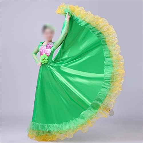 XJJZS נשים חצאית ריקוד ספרדית תלבושת להופעה נשי שמלת משי סאטן 720 מעלות תלבושת במה