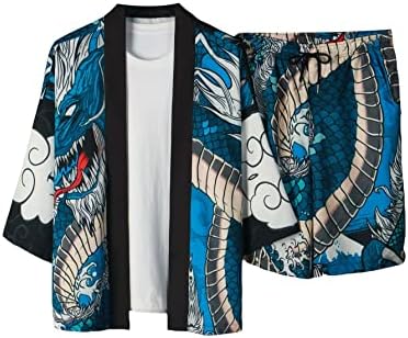 תלבושות דו -פיסות של אויואנגל דו -תלבושות דרקון הדפסת קימונו קדמי פתוח ומכנסיים קצרים המותניים המותניים SET BLUE MULTI L