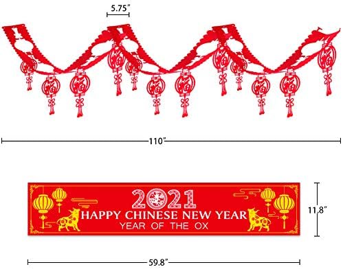 XJF באנר לשנה החדשה הסינית, 2021 שנה של קישוטים למסיבות שור, כרזה לשנה החדשה ופנס למזל זר תליה