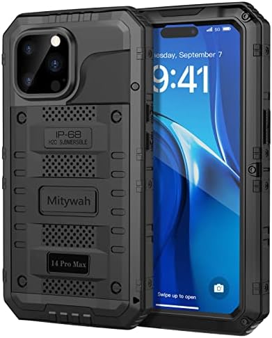 מארז אטום למים של Mitywah לאייפון 14 Pro Max, מארז אטום הלם כבד עם מגן מסך מובנה, גוף מלא מתכת מגן מתחת למים מארז 6.7 אינץ ', שחור