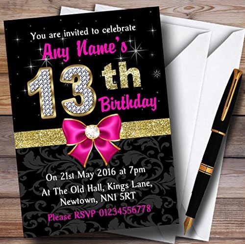 יהלום זהב שחור ורוד הזמנות מותאמות אישית למסיבת יום הולדת 13