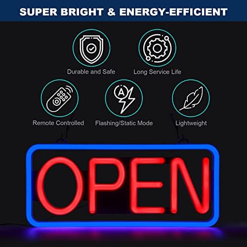 שלט פתוח לעסקים עם גדול מרוחק 21'X10 '' Ultra LED בהיר ניאון שלט פתוח, מהבהב ומצב אור יציב שלטי האד