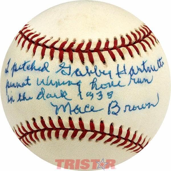 Mace Brown Baseggmed בייסבול כתוב על משחק הרטנט משחק מנצח HR 1938 - כדורי חתימה עם חתימה