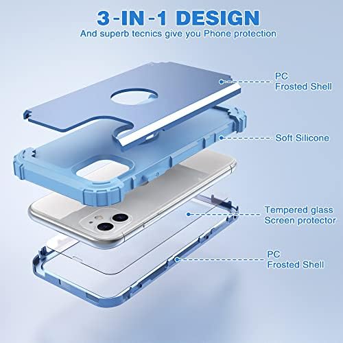 Idweel iPhone 11 מארז עם מגן מסך, היברידי 3 ב 1 דק דק -זעזוע הגנה על חובה כבדה מחשב קשה כיסוי סיליקון רך פגוש גוף מלא, כחול שלום/כחול
