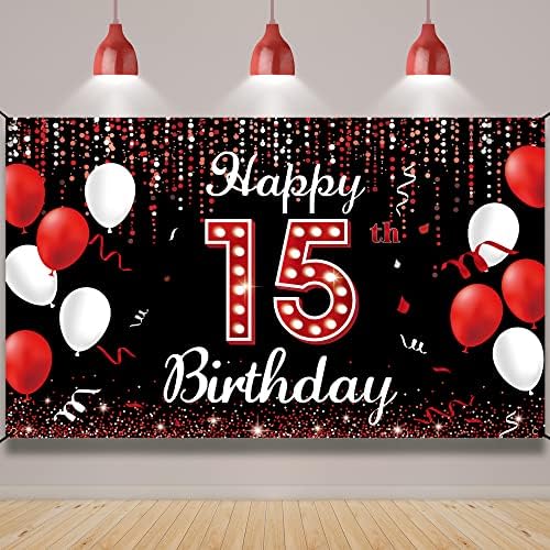 באנר תפאורת יום הולדת 15 יום הולדת, קישוטים יום הולדת 15 שמח לבנות, אדום שחור שחור בן 15 יום הולדת בן 15 אבזרי תאי צילום, XV עיצוב שלט