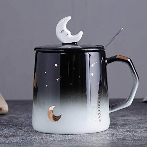 ספל קפה / תה גלקסי ירח וכוכב עם מכסה, שיפוע כחול אומברה 12 עוז כוס עם כוכבי זהב, חלק עליון וכף כלולים