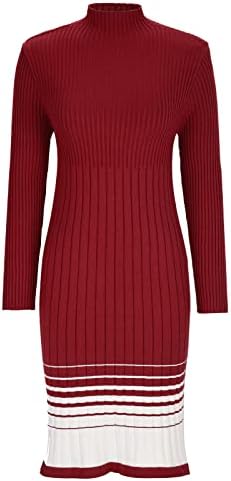 Oplxuo לנשים סוודר שרוול ארוך שמלת סוודר מדומה צוואר דקה מתאים לשמלות אדי סרוגות סרוג