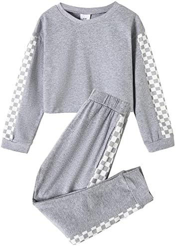 בגדי תינוקות של Sanmio 1-5T פעוטות תלבושות חליפת מסלול בגדי ספורט משובצים, בגדי תינוקות לבנות סווטשירטים ומכנסי טרנינג