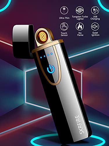 Skrfire מצית חשמלית דקיקה במיוחד, טונגסטן טורבו מתג מגע בהיר יותר מצית אטום רוח נטענת USB מצית עם מחוון סוללת LED